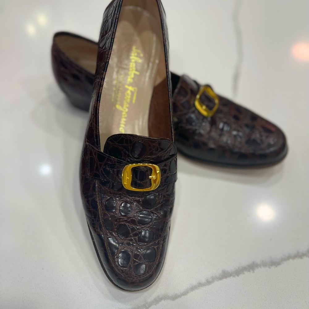 Ferragamo Newport 2 cm Martine Calf Croc PRT Size 7B